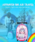 Pink unicorn ride-on suitcase for kids with built-in scooter; blue suitcase visible in background.