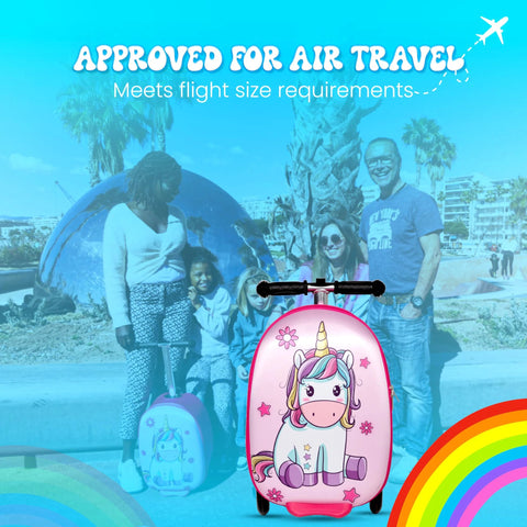 Pink unicorn ride-on suitcase for kids with built-in scooter; blue suitcase visible in background.