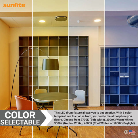 5 section room showing different lighting from 8 Inch Slim Recessed LED Downlight Fixture With Smooth Trim, 19W, 1400 Lumens