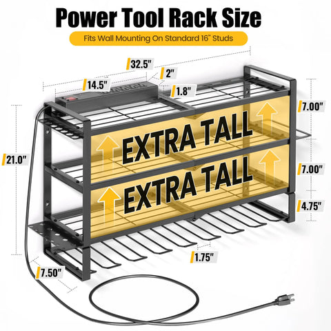 Heavy Duty Power Tool Organizer Wall Mount With 7 Slot Cordless Drill Holder And Battery Shelf, Metal Tool Rack dimensions