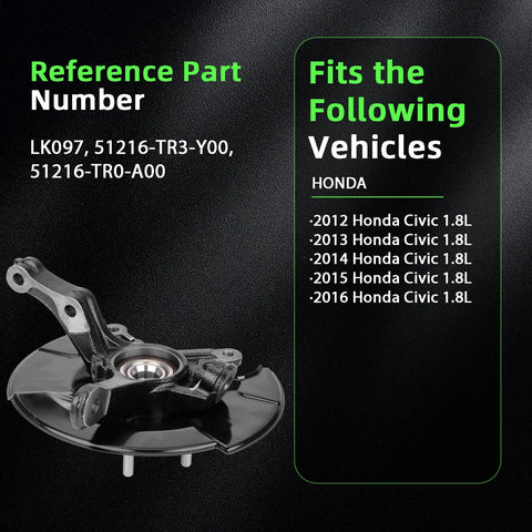 Left Front Steering Knuckle And Wheel Bearing Hub Assembly For Civic 2012 2013 2014 2015 2016 1.8L Direct Fit Replacement