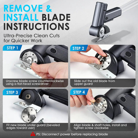 Step-by-step instructions for removing and installing blades on Electric Box Cutter With Smart Digital Display.