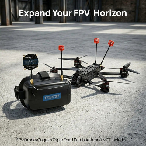 RHCP FPV Antenna for Racing Drones 5.8G 2.3dBi with SMA Male Connector on outdoor ground with drone and goggles