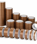 Heavy Duty PTFE Fiberglass Adhesive Tape For Heat Sealers, 10M Long Roll, Nonstick Vinyl Lining displayed in various roll sizes.