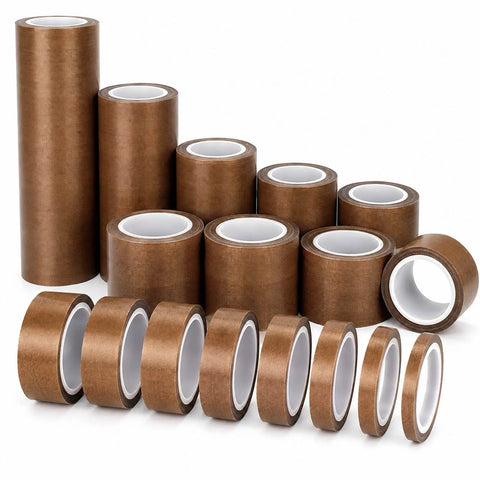 Heavy Duty PTFE Fiberglass Adhesive Tape For Heat Sealers, 10M Long Roll, Nonstick Vinyl Lining displayed in various roll sizes.