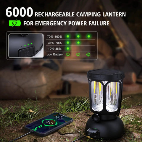 6000 Lumen LED Camping Lantern with Rechargeable Battery and Hand Crank Solar Power, portable emergency light outdoor usage
