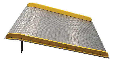Real Deal Heavy Duty Aluminum Dock Board With Steel Curb, 60 By 72 Inch Loading Ramp, rated for 15000 lbs, angled view with yellow edge.