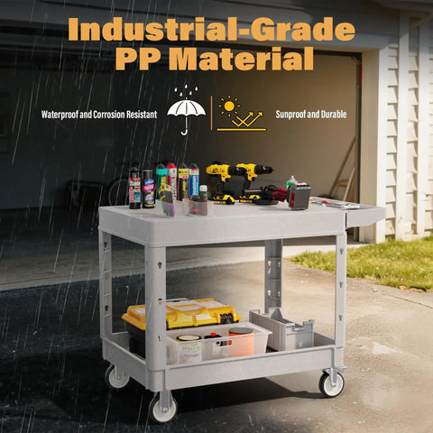 Heavy Duty Utility Rolling Tool Cart With 1000 Lb Capacity, Flat Top Plastic Cart With Two Trays And Easy Rolling Wheels in use outdoors.