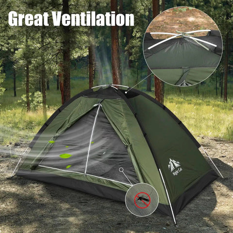 Ultralight 1-2 Person Backpacking Tent Waterproof Easy Setup Single Layer 2.2m x 1.2m with ventilation in forest setting.