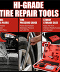 Image of 68-Piece All-in-One Heavy Duty Pro Grade Tire Plug Kit with pressure gauge, needle nose pliers, and sturdy storage case.