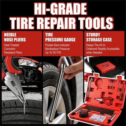 Image of 68-Piece All-in-One Heavy Duty Pro Grade Tire Plug Kit with pressure gauge, needle nose pliers, and sturdy storage case.