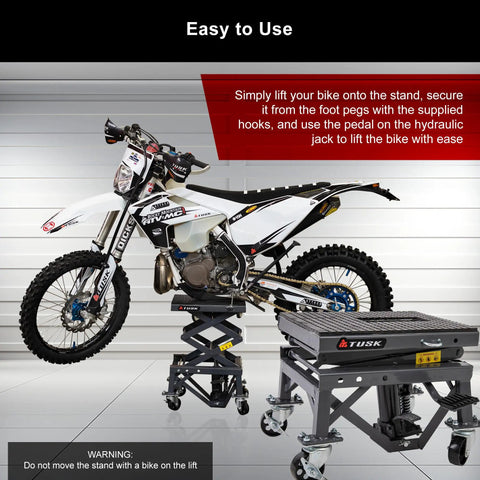 Motorcycle on Heavy Duty Scissor Lift Stand for Motorcycles with Adjustable Height From 13.75 To 34 Inches Casters Rubber Top Pad
