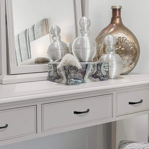 Furniture display with 4 Pack Vintage Antique Black Drawer Pulls And Handles With 2-1/2 Inch Hole Center on white dresser