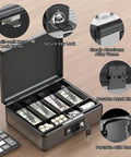 Locking Cash Box With Money Tray And Key For Grab And Go Security Portable Cash Safe Box With Open Tray Showing Bills and Coins