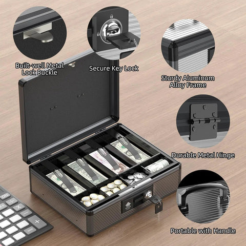 Locking Cash Box With Money Tray And Key For Grab And Go Security Portable Cash Safe Box With Open Tray Showing Bills and Coins