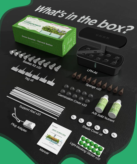 Smart Indoor Hydroponics Garden Kit With App And WiFi Control, 24W Full Spectrum Grow Light, No Fuss 10 Pod Planter For Fresh Herbs And Veggies, Easy Kitchen Garden Gift, Black components displayed