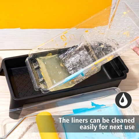 Using Disposable 4 Inch Paint Tray Liners Set With Plastic Tray And Roller Frame, 22 Pack, Includes 20 Replacement Liners