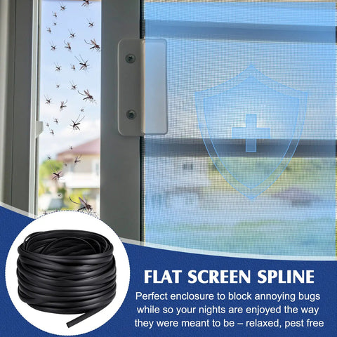 Flat Screen Spline 0.315 Inch Width Vinyl Window Screen Spline With Rolling Tool Black Flat Bottom And Curved Top Edge Repair Kit For Easy DIY Window And Patio Door Install 100 Ft next to window with insects.