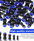 100 Piece Quick Connect Air Hose Fittings Set In Five Sizes 1/4, 5/32, 5/16, 3/8, And 1/2 Inch scattered on white background
