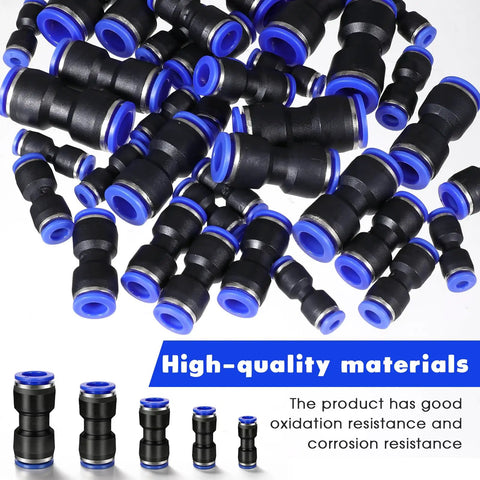 100 Piece Quick Connect Air Hose Fittings Set In Five Sizes 1/4, 5/32, 5/16, 3/8, And 1/2 Inch scattered on white background
