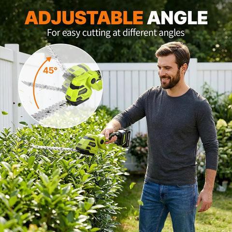 Man uses Two In One Cordless Hedge Trimmer And Grass Shears for quick yard jobs, dual batteries, adjustable angle, 8.9 inch blade