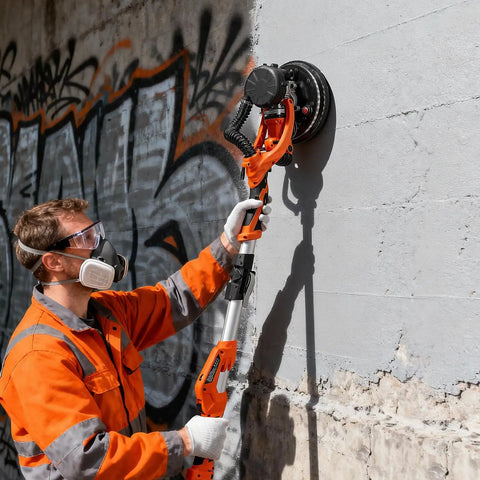 Premium Power Electric Drywall Sander Engineered For Fast Popcorn Texture Removal And Dust Free Cleanup With Variable Speed Control and LED lamp in action.