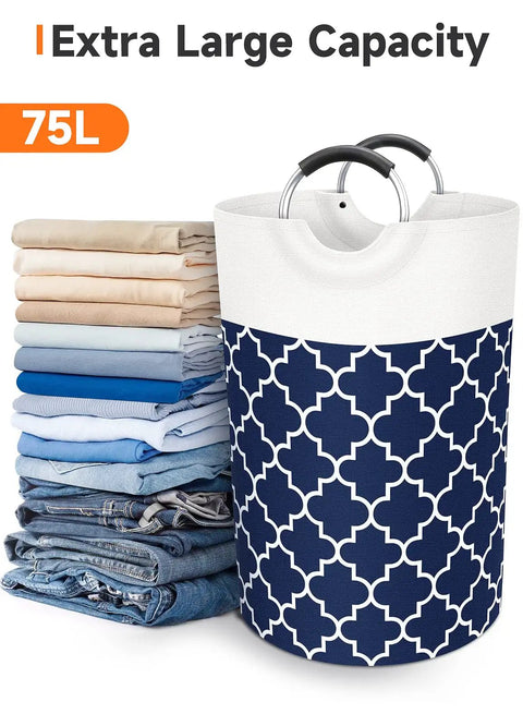 Large Collapsible Laundry Basket With Tall Aluminum Soft Grip Handles Waterproof Hamper 75L Capacity for Extra Large Loads Blue