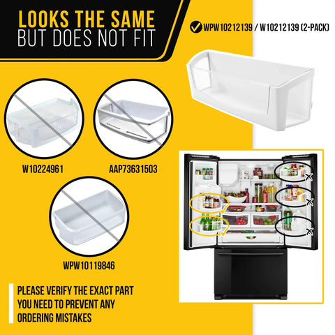 Refrigerator Door Shelf Bin Replacement 2-Pack for Whirlpool Maytag KitchenAid, with non-compatible models shown; verify part.