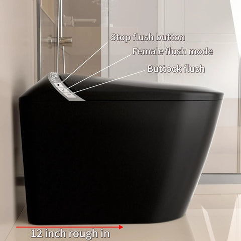 Slick Black Smart Toilet With Built In Bidet And Heated Seat Offering Pre Wet Rinse And Adjustable Warm Water Streams For A Legit Top Shelf Fresh Setup Straight Up side view showing flush buttons and 12 inch rough in.
