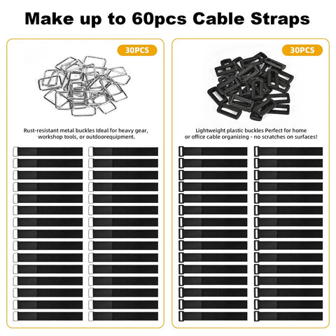 1 Inch By 39 Foot Nylon Hook And Loop Straps Roll With 60 Buckles 30 Metal And 30 Plastic Adjustable Reusable Cut To Length Ties For Home Office Garage Organization Black displayed with metal and plastic buckles.