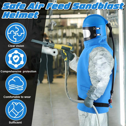 Person using All In One Sandblaster Helmet Kit With Thermostat, Five Replacement Outer Lenses, Shoulder Protector And Hood For Sandblasting, Blue Durable ABS Construction for reliable safety.