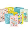 Spring Gift Bags Set With Sweet Floral And Lemon Prints In Teal Pink Yellow, 8 Assorted Sizes Including 4 Medium And 4 Large