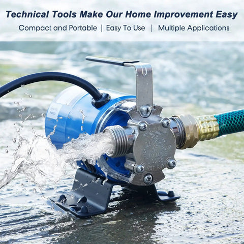 115V 1/10 HP Powerful Water Transfer Pump With Hose Kit in action, showing water flowing, blue color, non-submersible design.