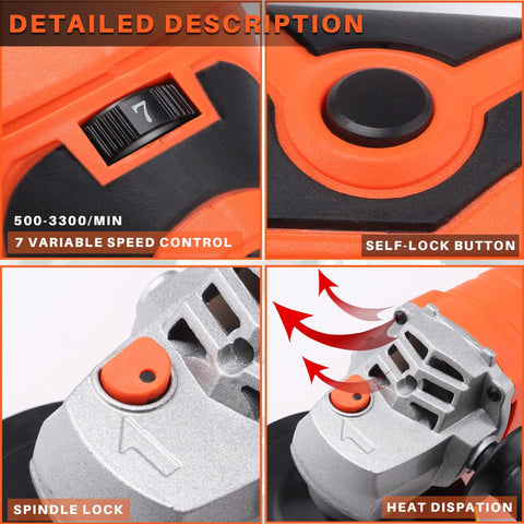 Close-up of Beast Mode 7 Speed Rotary Polisher showing speed control, self-lock button, spindle lock, and heat dissipation