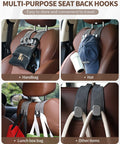 4 Pack Leather Car Headrest Hooks With Double Hooks Rotating 360 Degree Backseat Organizer Hangers For Purses And Bags No More Backseat Clutter Gentle On Seats Nonmarking Black showing accessories like a handbag, hat, lunch box, and ropes on car seats.