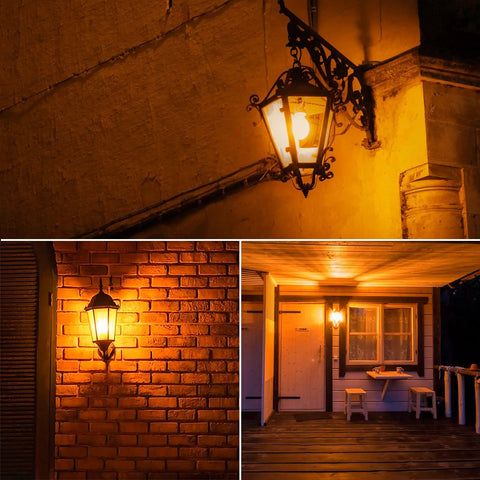 Amber Dusk To Dawn Outdoor Bug Light Bulbs 2 Pack Auto On Off E26 Base 10W 100W Equivalent Amber Glow lighting exterior areas