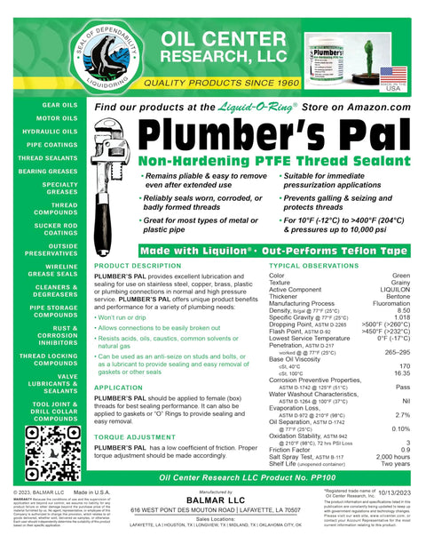 Product label for Nonhardening PTFE Thread Sealant Paste For Sealing Worn Metal And Plastic Pipe Threads With Tough As Nails Performance Under High Temp And High Pressure Up To 10000 PSI In A 5 Oz Brush Top Can Made In USA