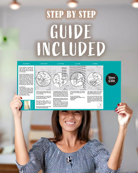Person holding step-by-step guide for Starburst Geometric Wall Stencil Kit 2 Pack Of 16.5 X 31.5 Inch Stencils For Large Pattern Scandinavian Style DIY Wall Art Easy Paint Application Budget Friendly Dope Wallpaper Alternative Includes Step By Step Instructions And Video Tutorials.