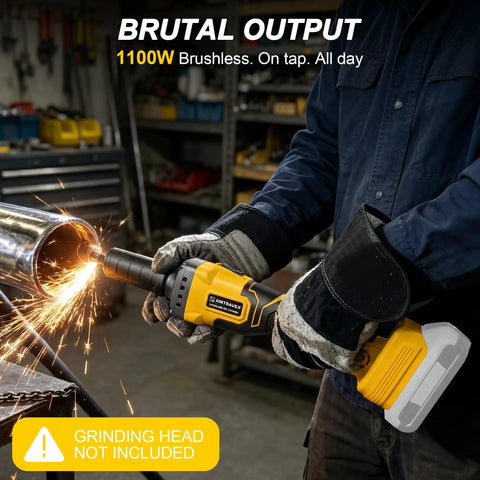 Built Like a Tank Brushless Cordless Die Grinder with 26000 RPM Four Speed Controls and Quarter Inch Collet used for metal polishing.