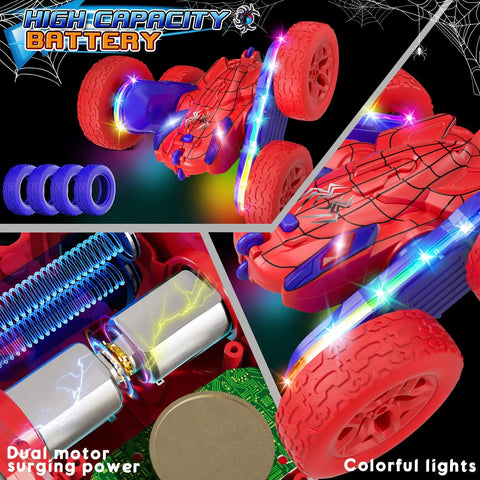 Spider Themed RC Car For Kids 4-8, 2.4GHz Remote Control with LED lights, changeable wheels, dual motor, close-up view