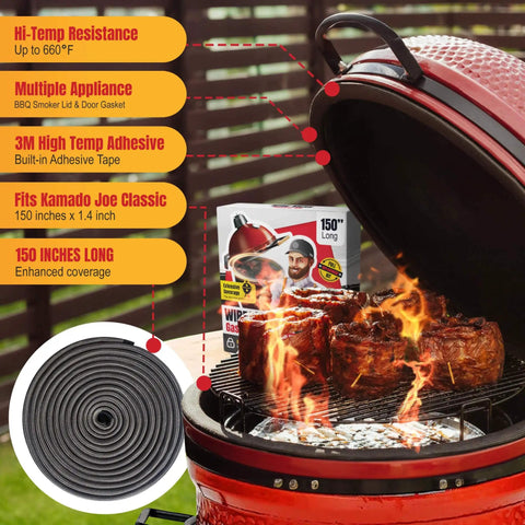 Fiberglass Gasket Replacement Kit For Kamado Joe Classic And Big Green Egg shown installed on a red ceramic grill with a meat roast.