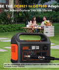 Jackery portable power station with DC5521 to DC7909 adapter cable in outdoor garden setting
