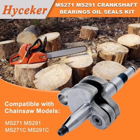 Heavy Duty Replacement Crankshaft Bearings And Oil Seals Kit For Stihl MS271 MS291 Chainsaws displayed on stump