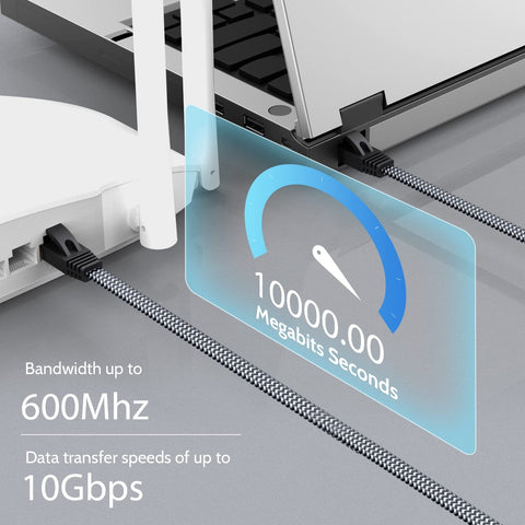 Cat 7 Ethernet Cable 6.6 Ft Flat Nylon Braided Shielded RJ45 LAN Wire For Gaming PS5 Xbox PC Router Modem Smart TV Ultra Fast Network Cord 10Gbps Support Faster Than Cat 6 connected to devices showing speed indicator.