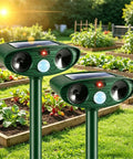 2 Pack Ultrasonic Animal Deterrent Devices For Outdoor Gardens Solar Powered Motion Sensor Safe Humane Sonic Fortress Pro Garden Shield For Squirrels Raccoons Rabbits Foxes Skunks Cats And More IP65 Waterproof, two green stakes in raised beds