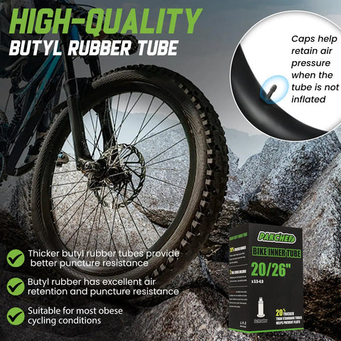 Image of a mountain bike on rocky terrain with a close-up of the 20x4.0 inner tube packaging and a tire insert showing air retention features.