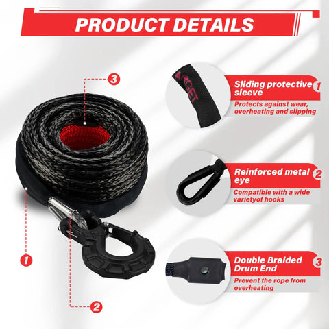 3/8 Inch Synthetic Winch Rope Kit 92 Foot With 27000 Lbs Strength Protective Sleeve Heavy Duty Hook And Safety Pull Strap For Off Road 4x4 Vehicles For All Off Road Adventures, coiled with hook