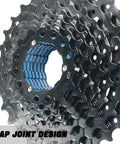 Close-up of 9-Speed Bike Cassette 11-32T For Mountain Road Folding And Commuter Bikes, steel, nickel plated, snap joint design.