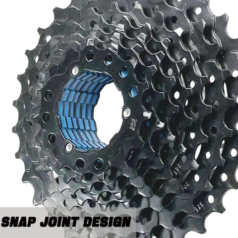 Close-up of 9-Speed Bike Cassette 11-32T For Mountain Road Folding And Commuter Bikes, steel, nickel plated, snap joint design.