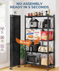 Heavy Duty 5-Tier Rolling Storage Shelves With Wheels, Portable And Collapsible Wire Steel Organizer For Garage, Kitchen, Pantry And Closet, Matte Black, Quick 5-Second Setup, Durable Display Unit For Instant Organization, with microwave and appliances